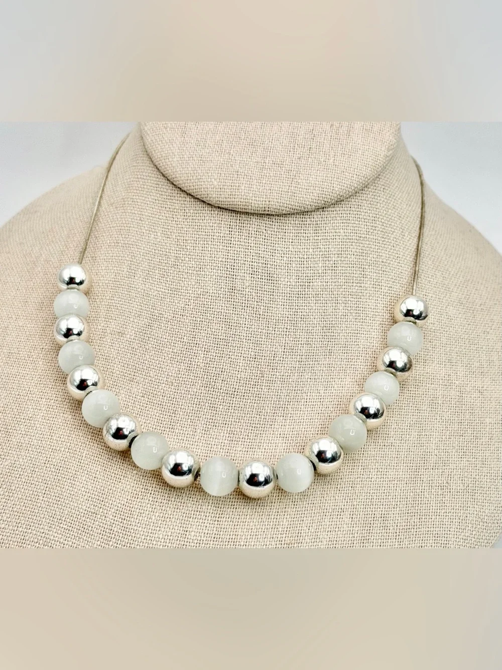 Classic White Cat Eye Necklace with Silver Beads